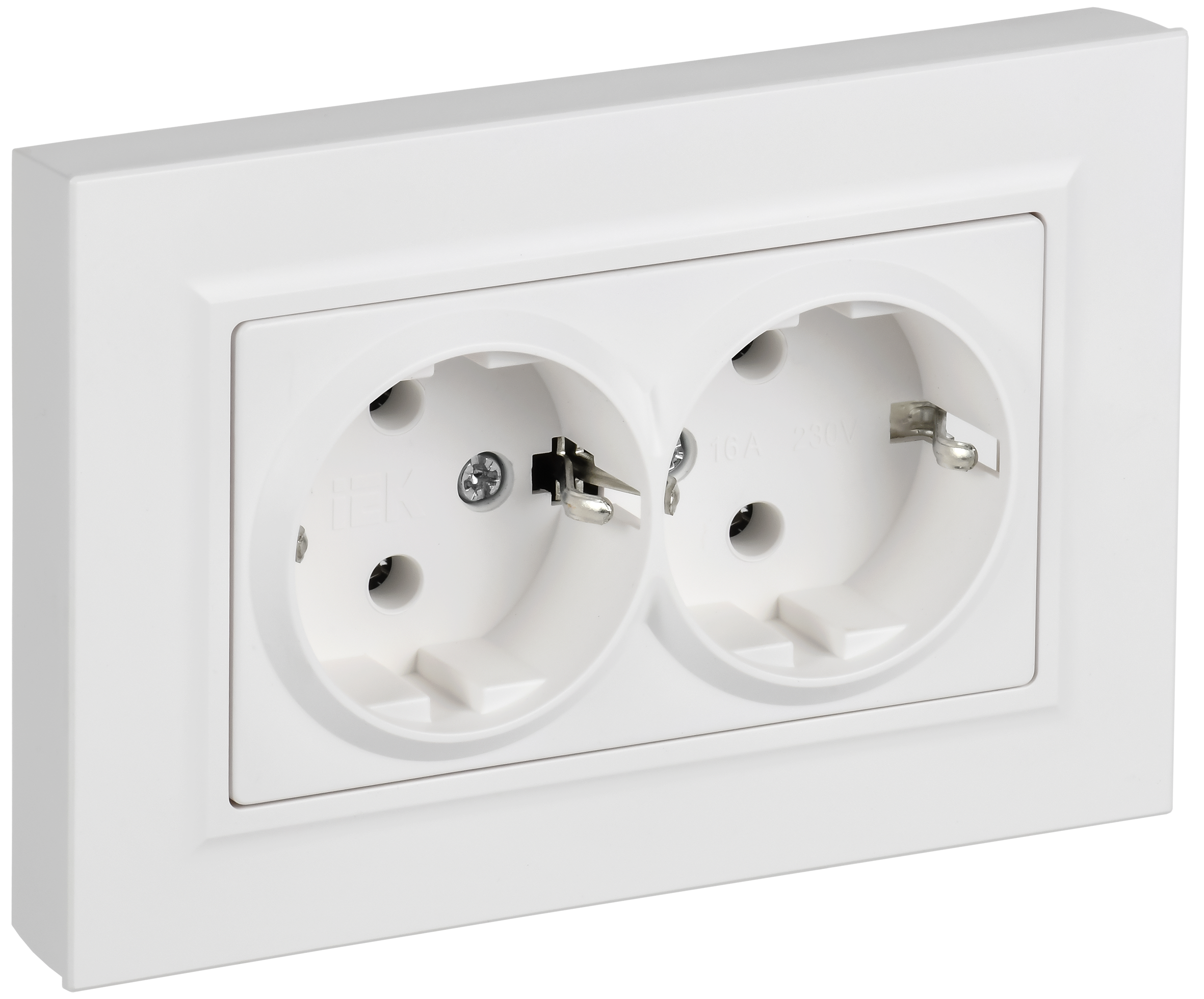 BRITE Розетка 2-местная с заземлением без защитных шторок плоская 16А в сборе РСПл12-3-БрАБ арктический белый IEK BR-R27-16-K91-F