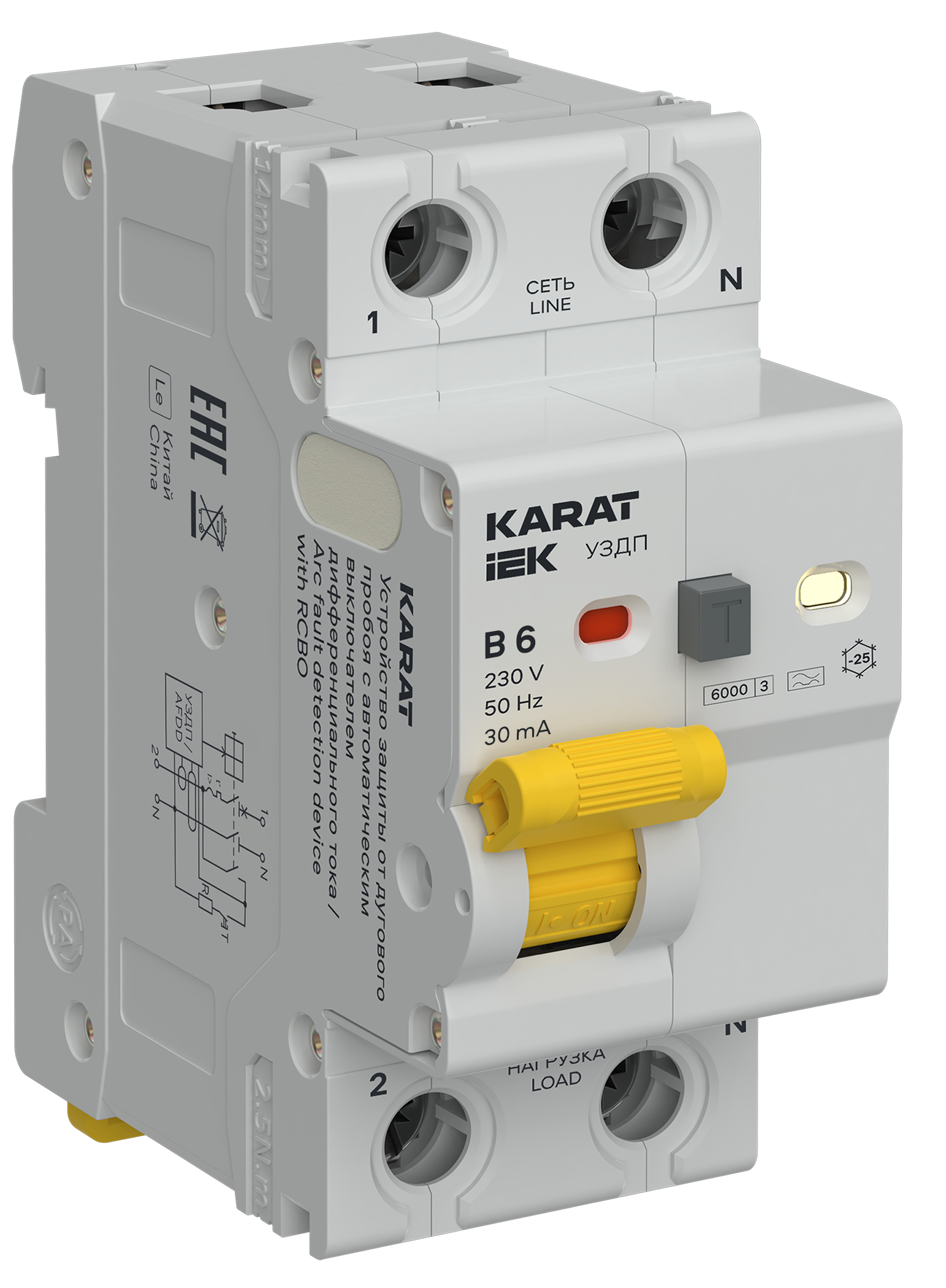 KARAT Устройство защиты от дугового пробоя с выключателем автоматическим дифференциального тока 1P+N B 6А 30мА тип A IEK KA-DP12-1-006-B-030-A