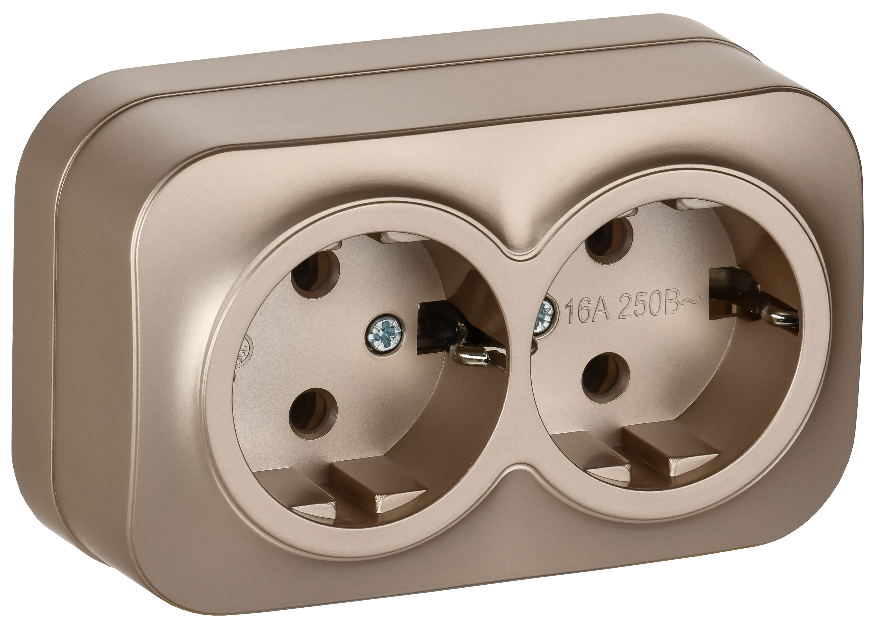 GLORY Розетка 2-местная для открытой установки с заземлением без защитных шторок 16А РС22-3-ХШм шампань матовый IEK ERH21-K37M-16