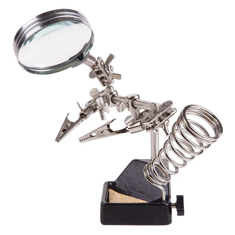 Держатель Третья рука, 2 зажима, лупа 60мм (2.5х), подставка паяльника, ниша, губка, чугун REXANT 12-0252