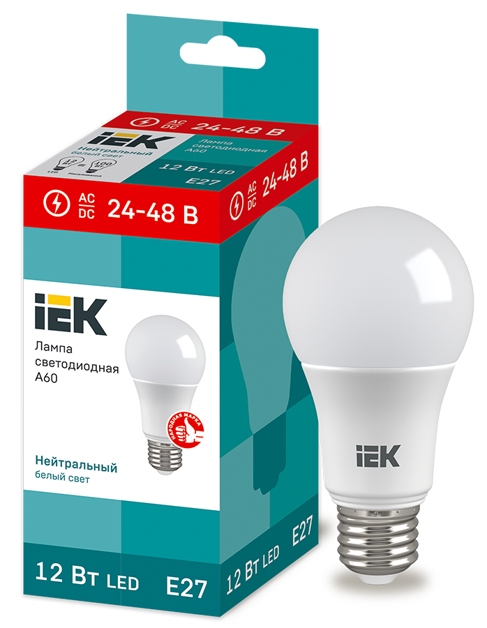 Лампа светодиодная A60 груша 12Вт 24-48В 4000К E27 IEK LLE-A60-12-24-48-40-E27