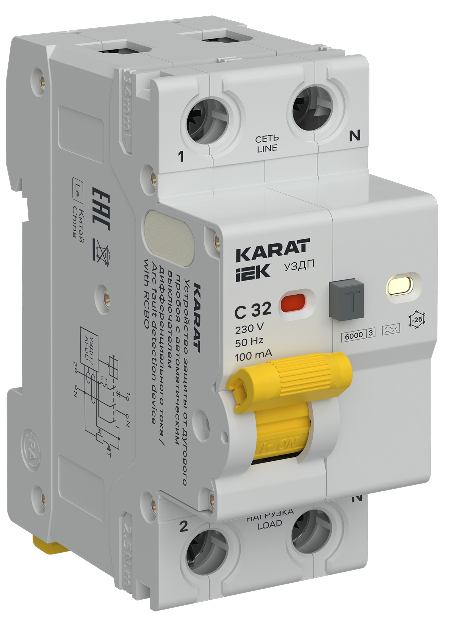 KARAT Устройство защиты от дугового пробоя с выключателем автоматическим дифференциального тока 1P+N C 32А 100мА тип A IEK KA-DP12-1-032-C-100-A