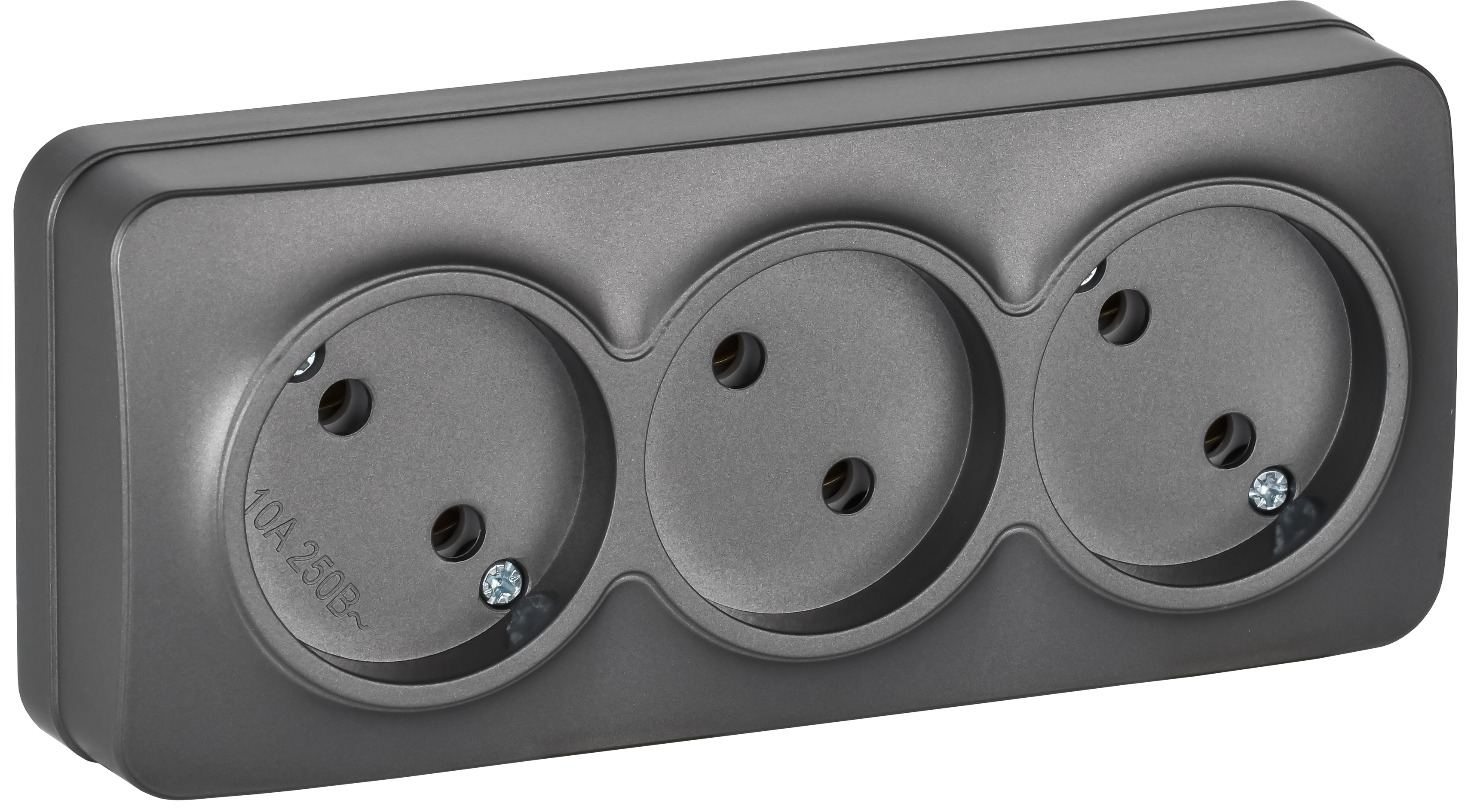 GLORY Розетка 3-местная для открытой установки без заземления без защитных шторок 10А РС23-2-ХСм сталь матовый IEK ERH30-K46M-10