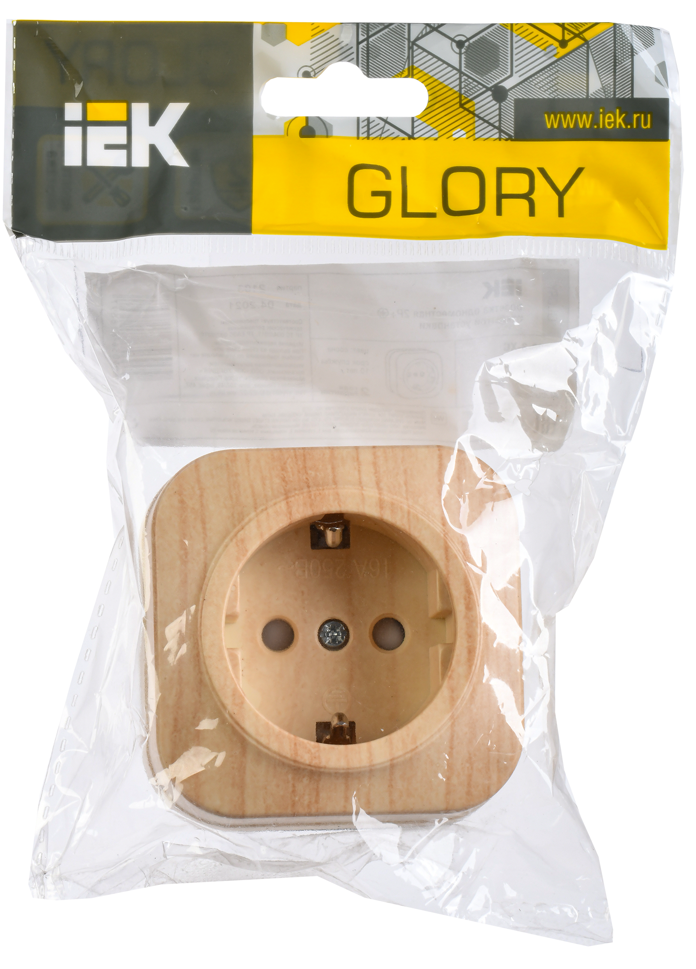 GLORY Розетка 1-местная для открытой установки с заземлением с защитными шторками 16А РСш20-3-ХС сосна IEK - Фото 2