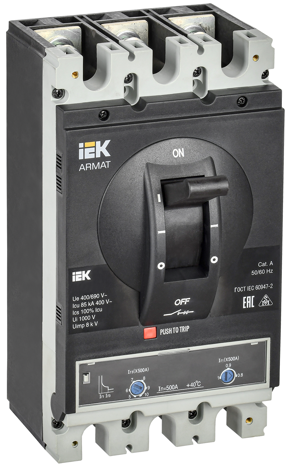 ARMAT Автоматический выключатель в литом корпусе 3P типоразмер I 85кА 500А расцепитель термомагнитный регулируемый IEK AR-MCCB-3I-085-0500A-ATUC