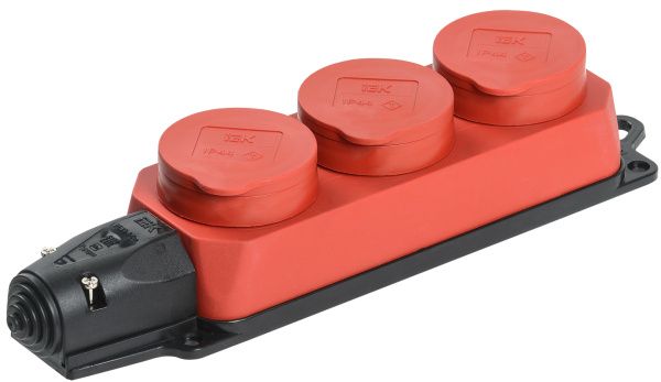 Розетка (колодка) 3-местная РБ33-1-0м с защитными крышками IP44 ОМЕГА каучук красная IEK PKR61-016-2-K04