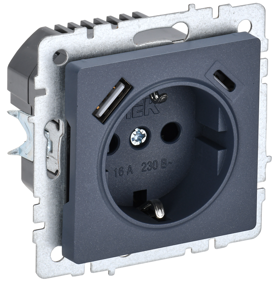 BRITE Розетка 1-местная с заземлением с защитными шторками 16А с USB A+C 18Вт РЮш11-1-БрМ маренго IEK BR-R14-16-U22-018-K35