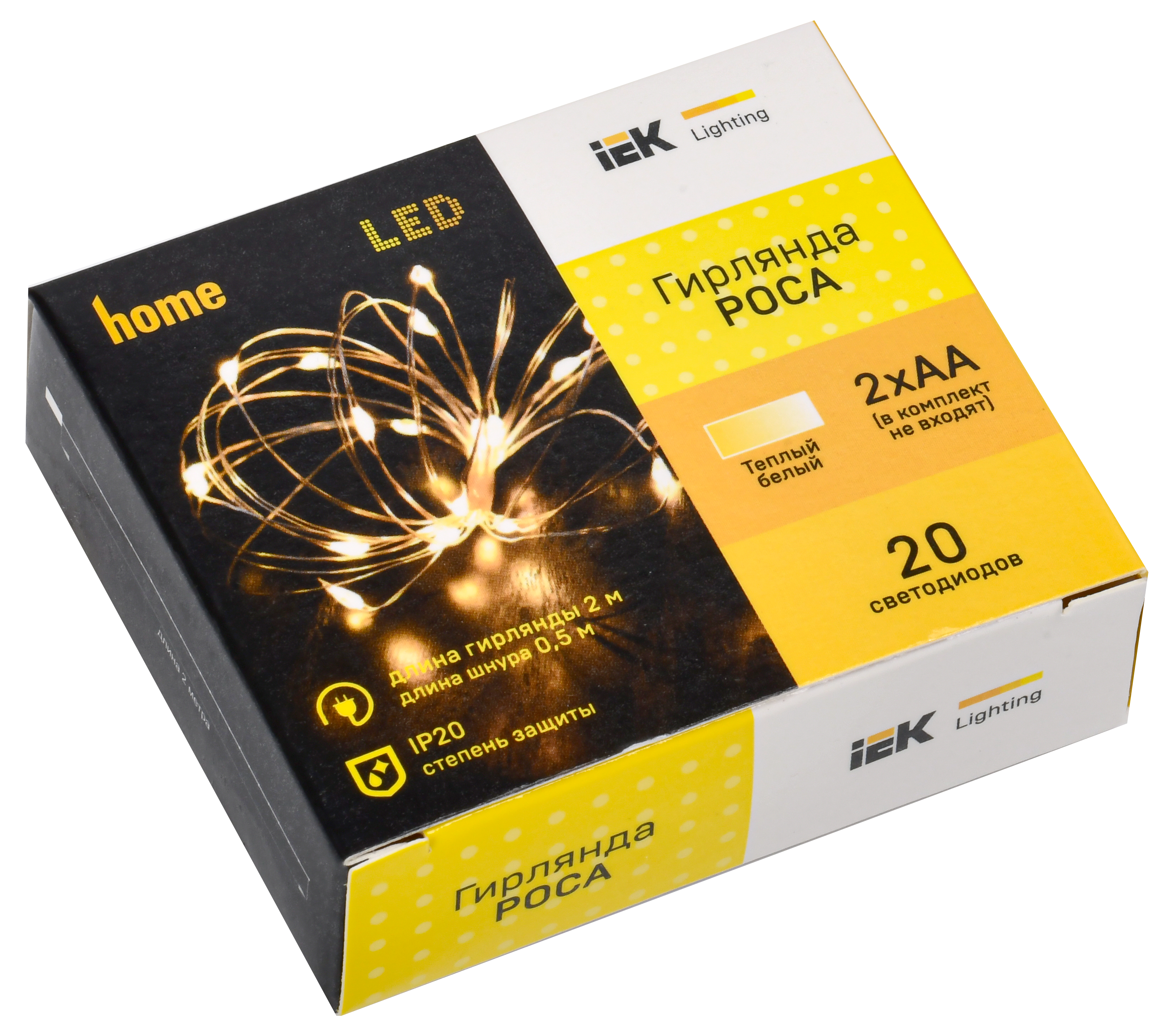 LIGHTING Гирлянда роса 2м 20 светодиодов теплый белый свет IP20 прозрачный шнур 0,3м 2АА IEK
