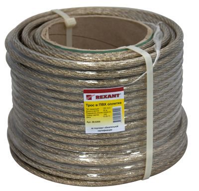 Трос стальной в ПВХ оплетке d=10,0мм, прозрачный (катушка 50м) REXANT 09-5300