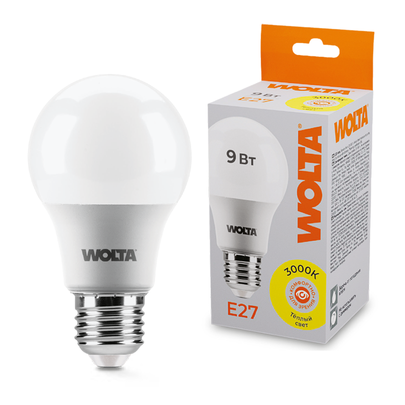 Светодиодная лампа  WOLTA 25Y60BL9E27 "Груша" A60 9Вт 800лм 3000К Е27 1/50 25Y60BL9E27