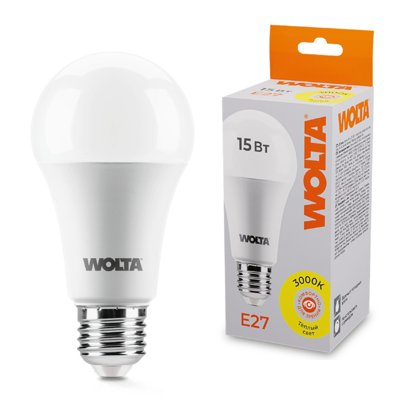 Лампа светодиодная "Груша" A60 15Вт 1200лм 3000К Е27 (50шт/уп) WOLTA 25Y60BL15E27