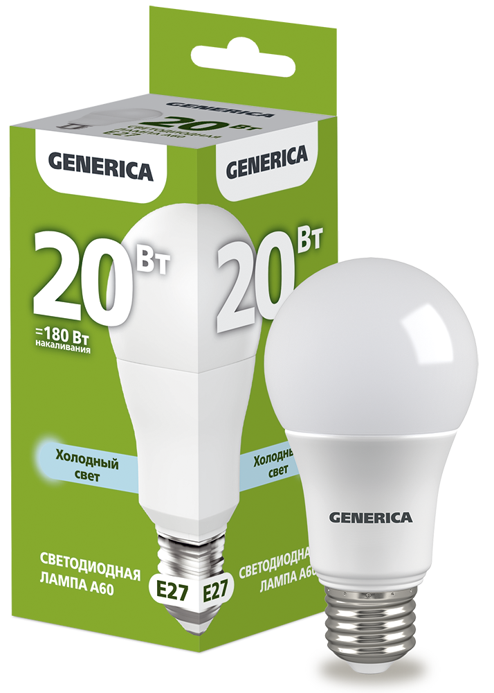 Лампа светодиодная A60 груша 20Вт 230В 6500К E27 GENERICA LL-A60-20-230-65-E27-G