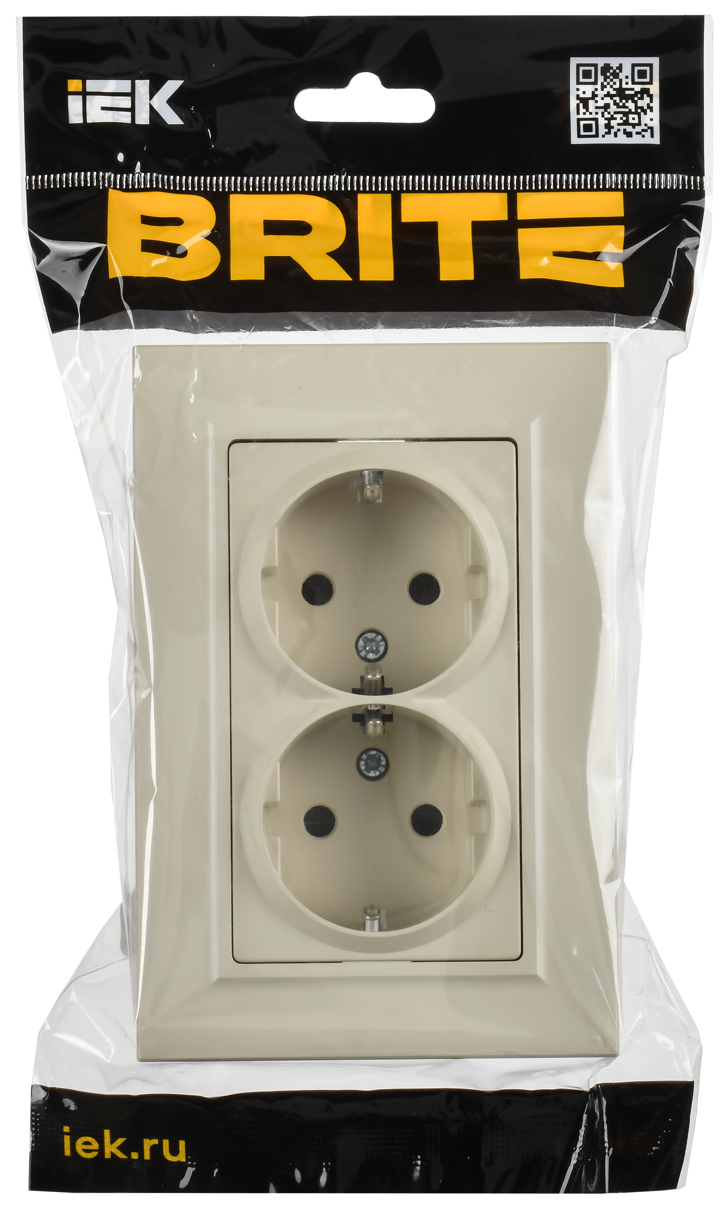 BRITE Розетка 2-местная с заземлением с защитными шторками плоская 16А в сборе РСшПл12-3-БрКр бежевый IEK - Фото 2