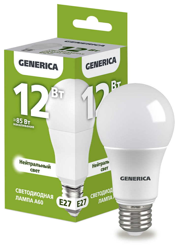 Лампа светодиодная A60 груша 12Вт 230В 4000К E27 GENERICA LL-A60-12-230-40-E27-G