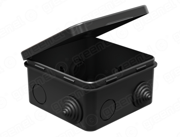 Коробка распаячная для о/п 100х100х50мм IP54 (48шт) ЧЕРНАЯ с откидной крышкой, 8 гермовводов. 4 саль