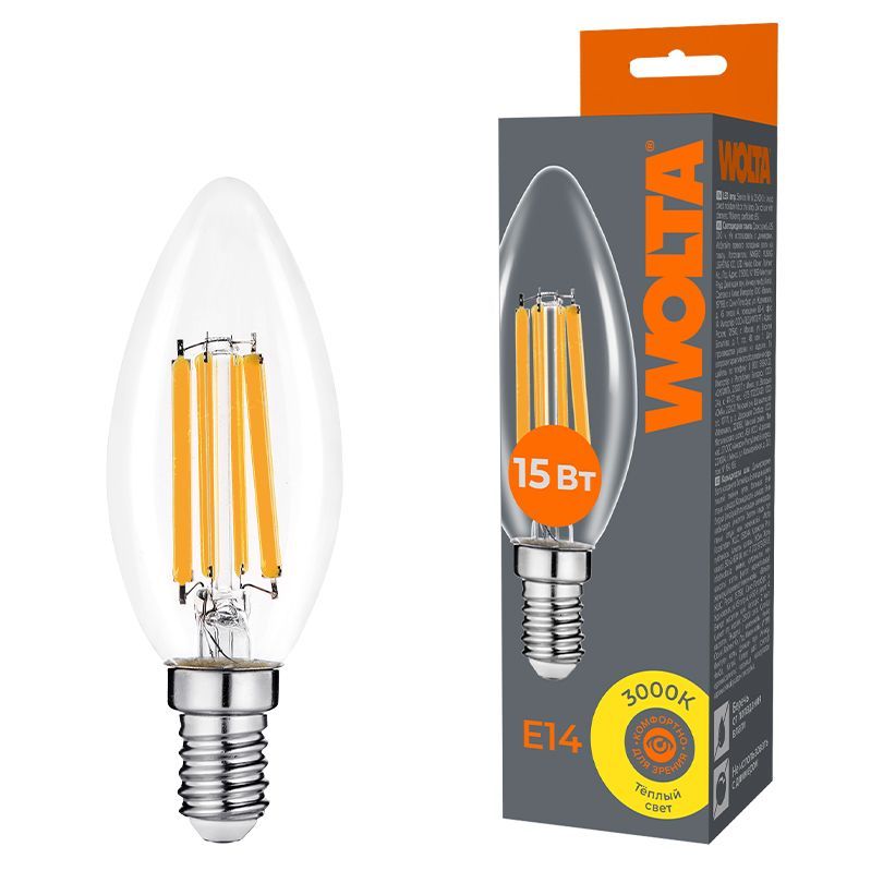 Светодиодная лампа WOLTA Filament, AC 220-240В, 50/60 Гц, прозрачное стекло, "Свеча", C35, E14, 15 Вт, 1200 лм, 3000 К, 1/10/100 WF-C35-15W3KE14