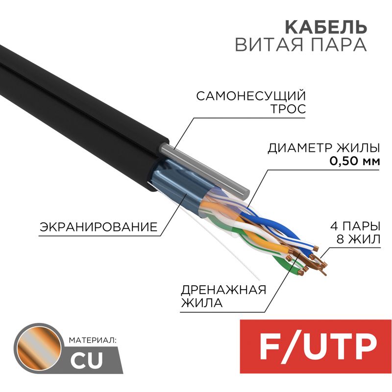 Кабель витая пара F/UTP, CAT 5e, PE, 4PR, 24AWG, OUTDOOR, SOLID, черный, с тросом, 305м, REXANT 01-0144