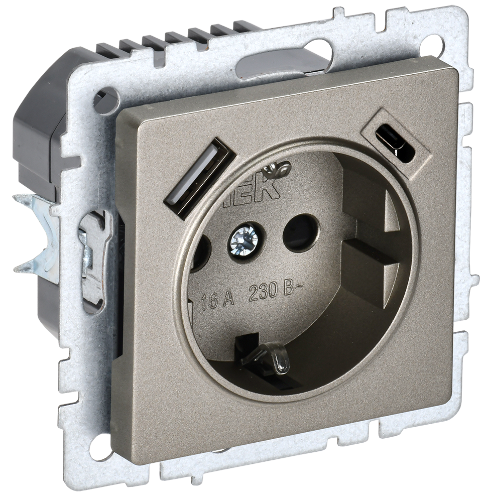 BRITE Розетка 1-местная с заземлением с защитными шторками 16А с USB A+C 18Вт РЮш11-1-БрШ шампань IEK