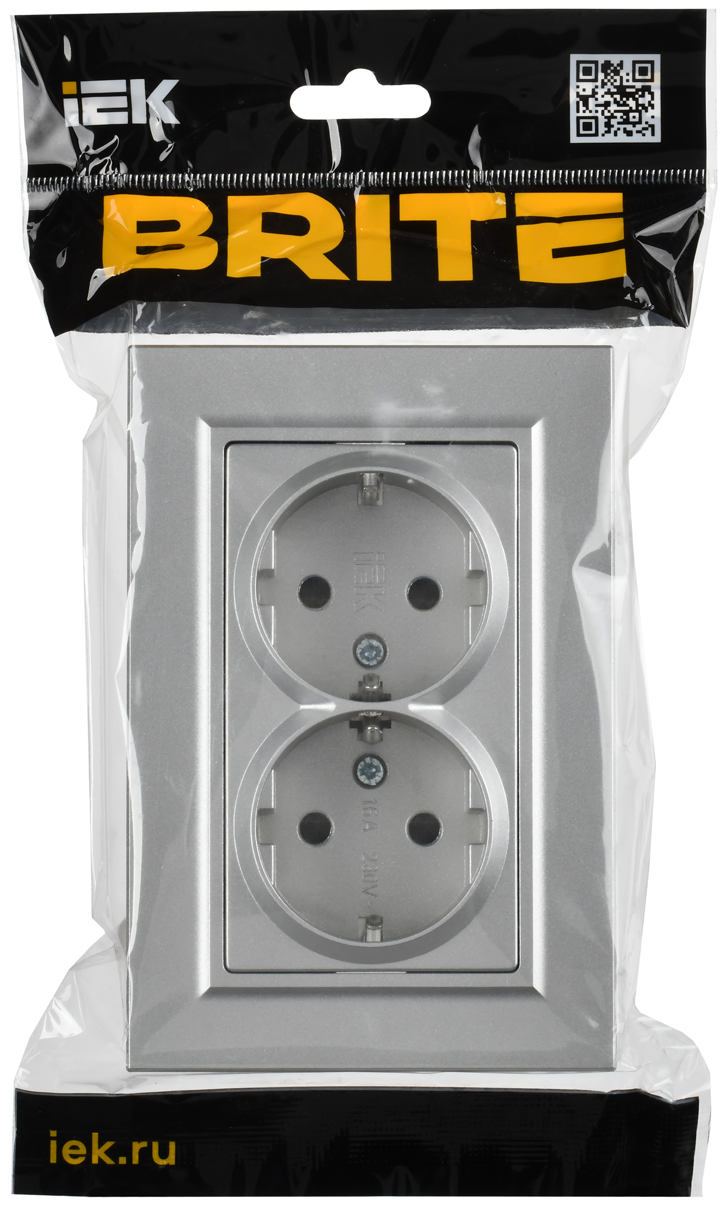 BRITE Розетка 2-местная с заземлением с защитными шторками плоская 16А в сборе РСшПл12-3-БрА алюминий IEK - Фото 2