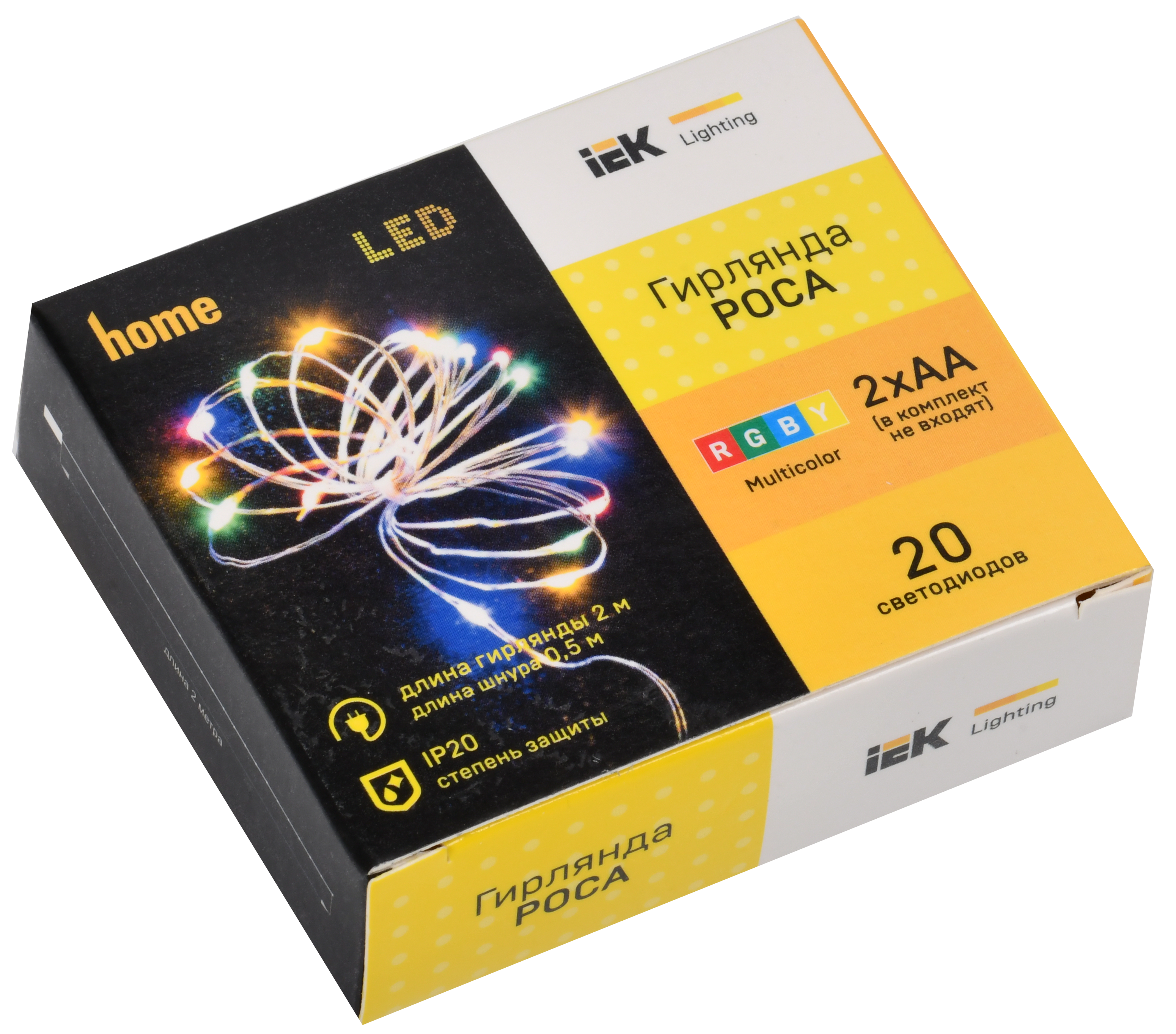 LIGHTING Гирлянда роса 2м 20 светодиодов RGBY IP20 прозрачный шнур 0,3м 2АА IEK