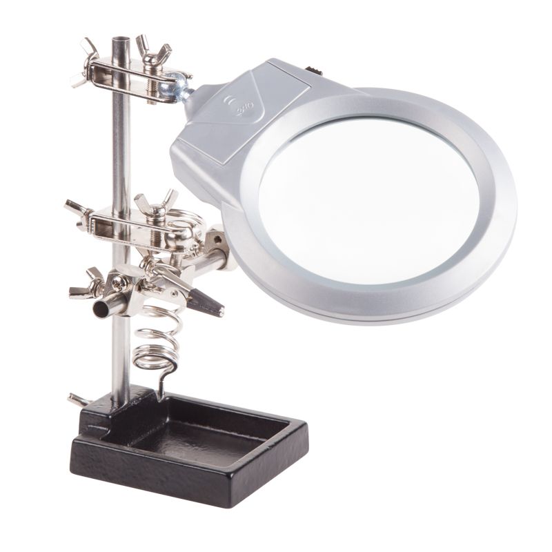 Держатель Третья рука, 2 зажима, лупа 85мм (2.5х), подставка паяльника, LED подсветка, чугун REXANT 12-0253