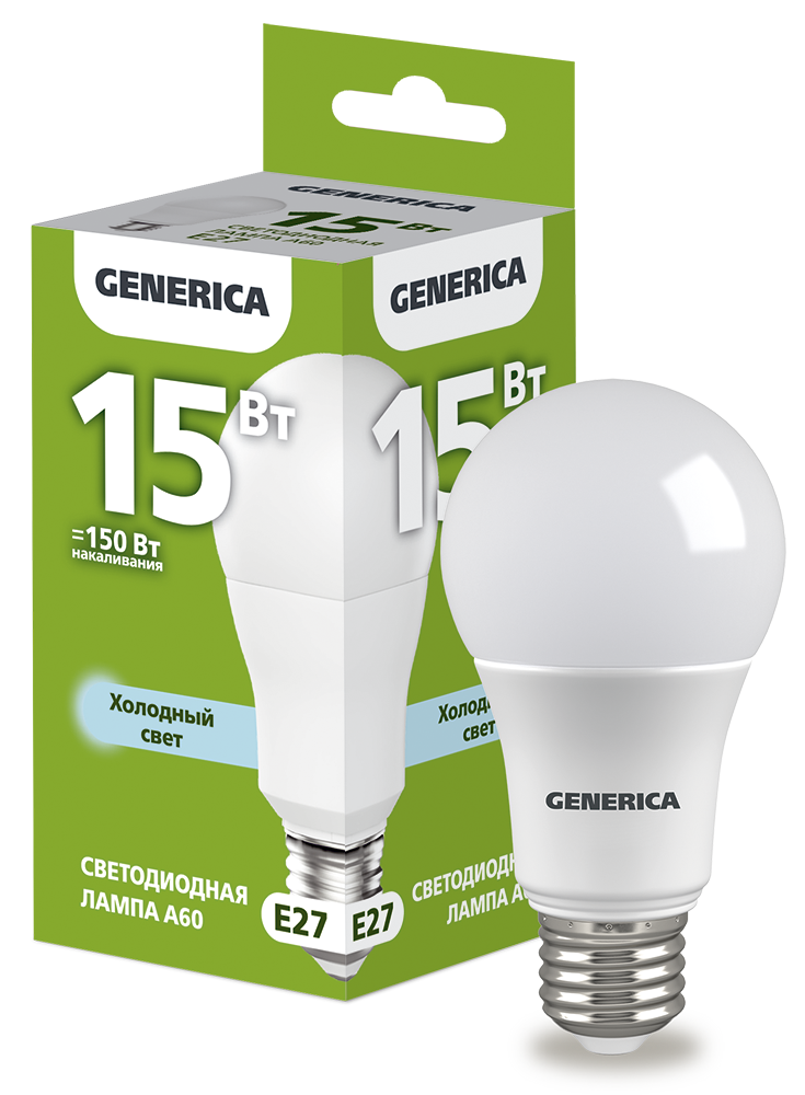 Лампа светодиодная A60 груша 15Вт 230В 6500К E27 GENERICA