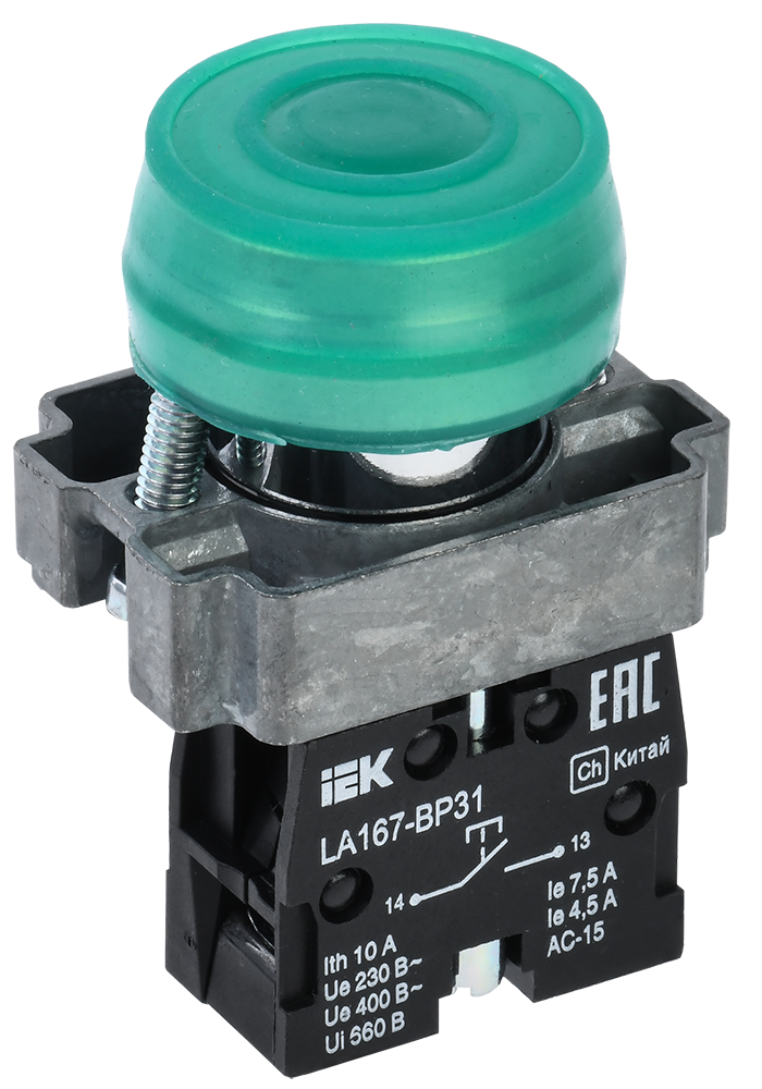Кнопка управления LA167-BP31 d=22мм 1з зеленая IEK