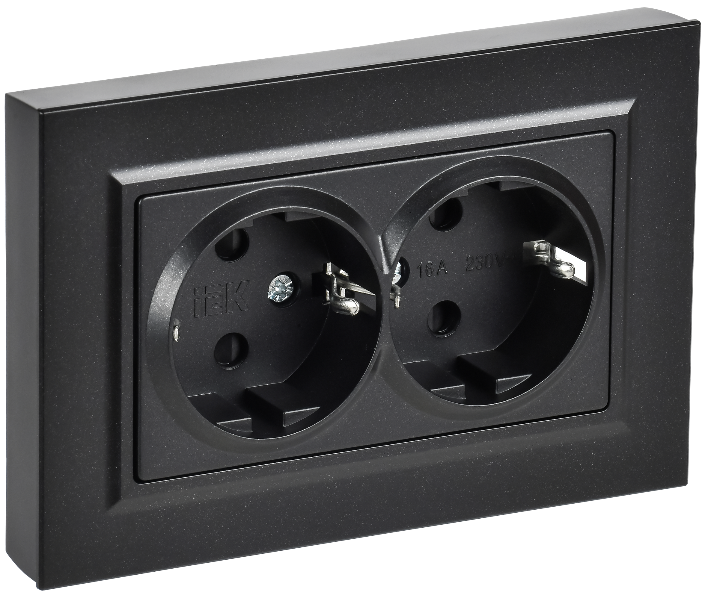 BRITE Розетка 2-местная с заземлением с защитными шторками плоская 16А в сборе РСшПл12-3-БрЧ черный IEK BR-R28-16-K02-F