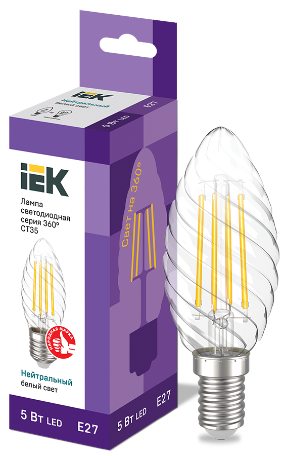 Лампа светодиодная CT35 свеча витая прозрачная 5Вт 230В 4000К E27 серия 360° IEK LLF-CT35-5-230-40-E27-CL