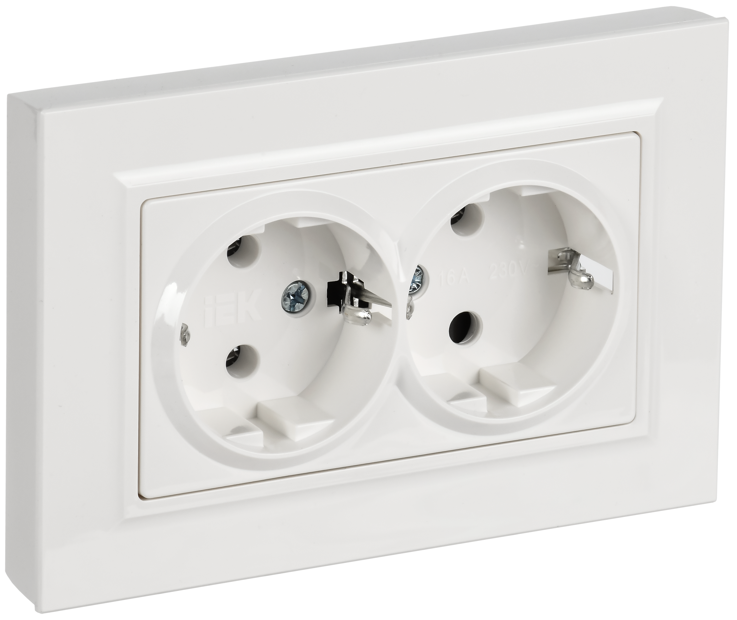 BRITE Розетка 2-местная с заземлением без защитных шторок плоская 16А в сборе РСПл12-3-БрБ белый IEK BR-R27-16-K01-F