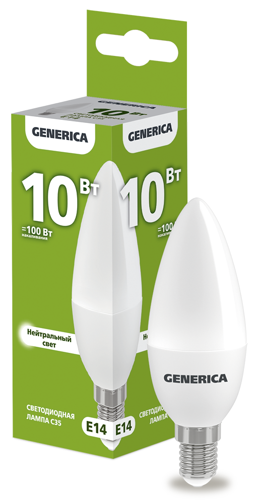 Лампа светодиодная C35 свеча 10Вт 230В 4000К E14 GENERICA LL-C35-10-230-40-E14-G