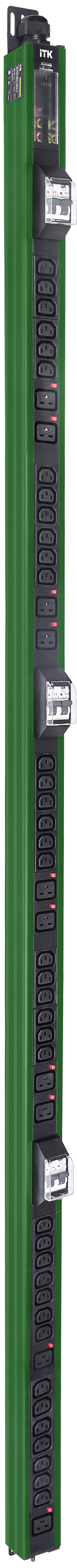 ITK BASE PDU вертикальный PV1113 45U 3 фазы 32А 38 розеток C13 + 10 розеток C19 с клеммной колодкой и кабелем 6м вилка IEC60309 (промышленная) зелёный BS-PV46-38C13-10C19-13-02