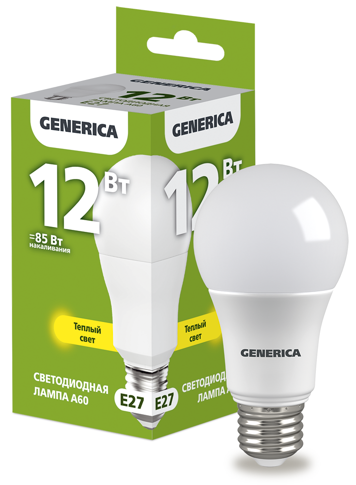 Лампа светодиодная A60 груша 12Вт 230В 3000К E27 GENERICA LL-A60-12-230-30-E27-G