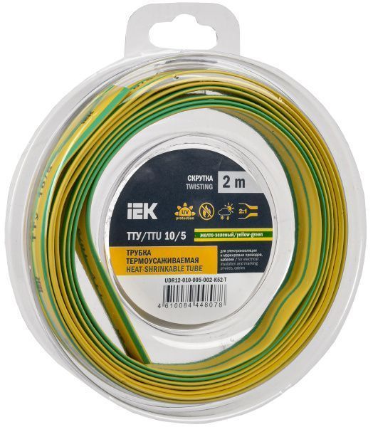 Трубка термоусадочная ТТУ нг-LS 10/5 желто-зеленая (2м/упак) IEK UDR12-010-005-002-K52-T