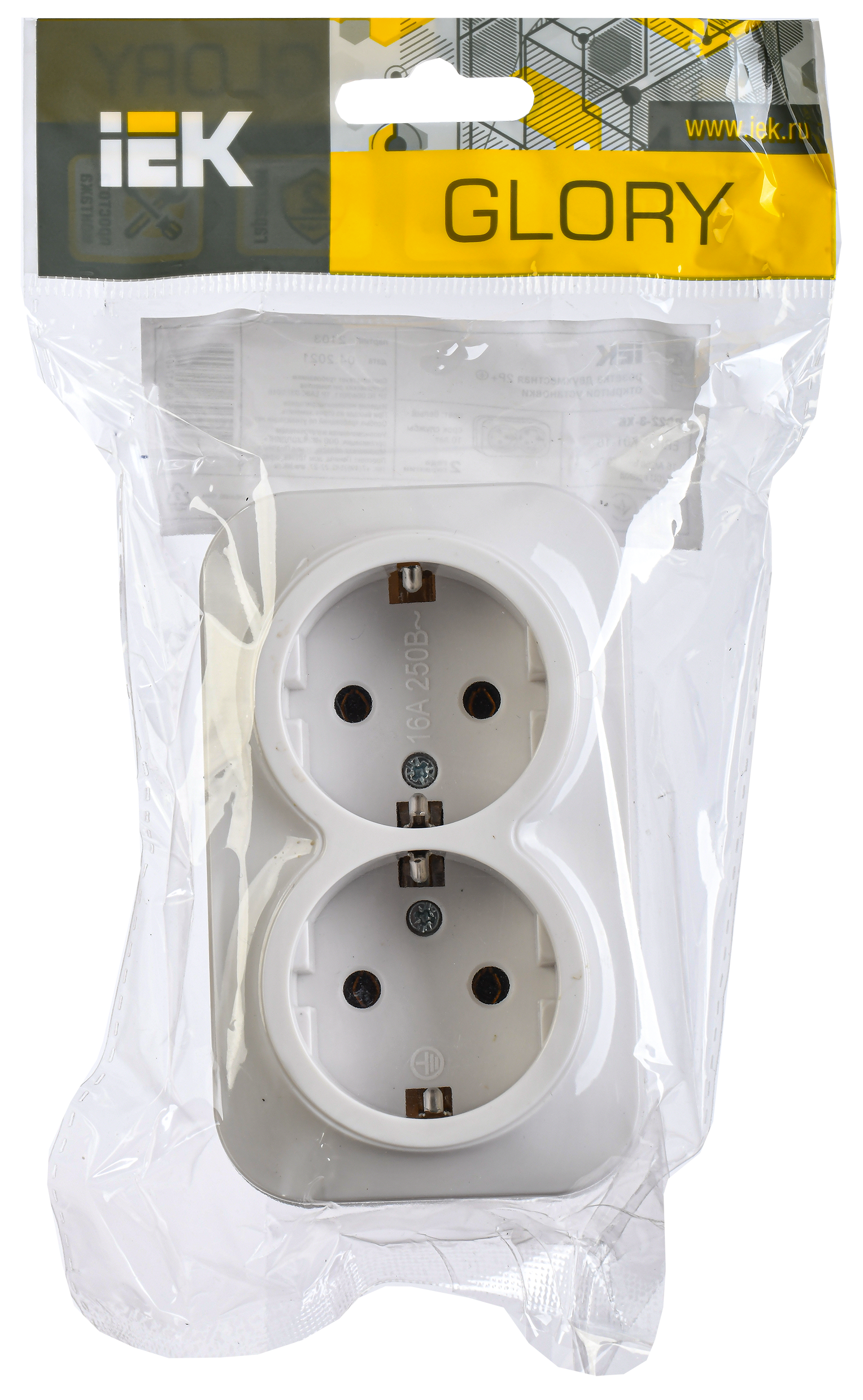 GLORY Розетка 2-местная для открытой установки с заземлением без защитных шторок 16А РС22-3-ХБ белый IEK - Фото 2