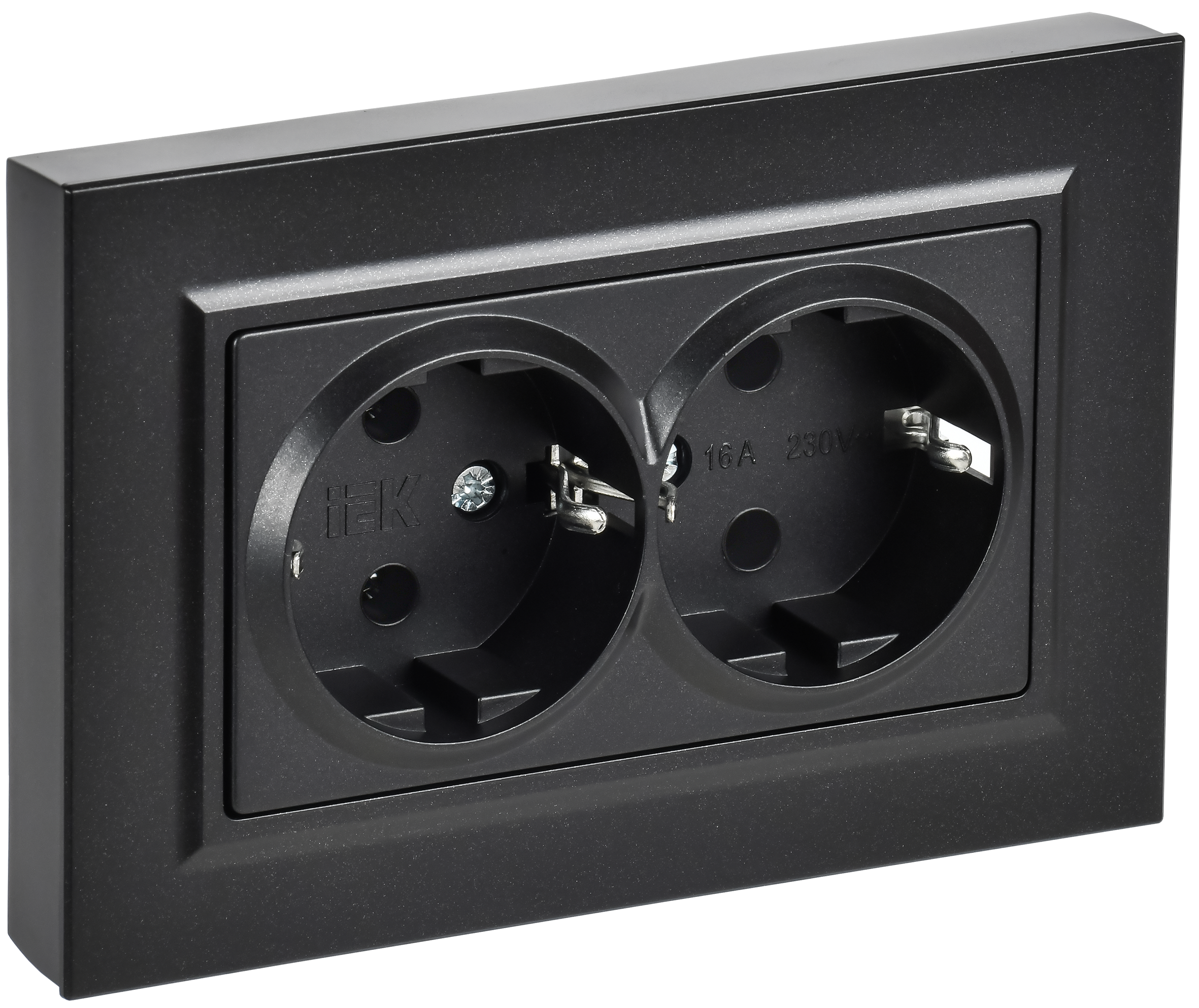 BRITE Розетка 2-местная с заземлением без защитных шторок плоская 16А в сборе РСПл12-3-БрЧ черный IEK BR-R27-16-K02-F