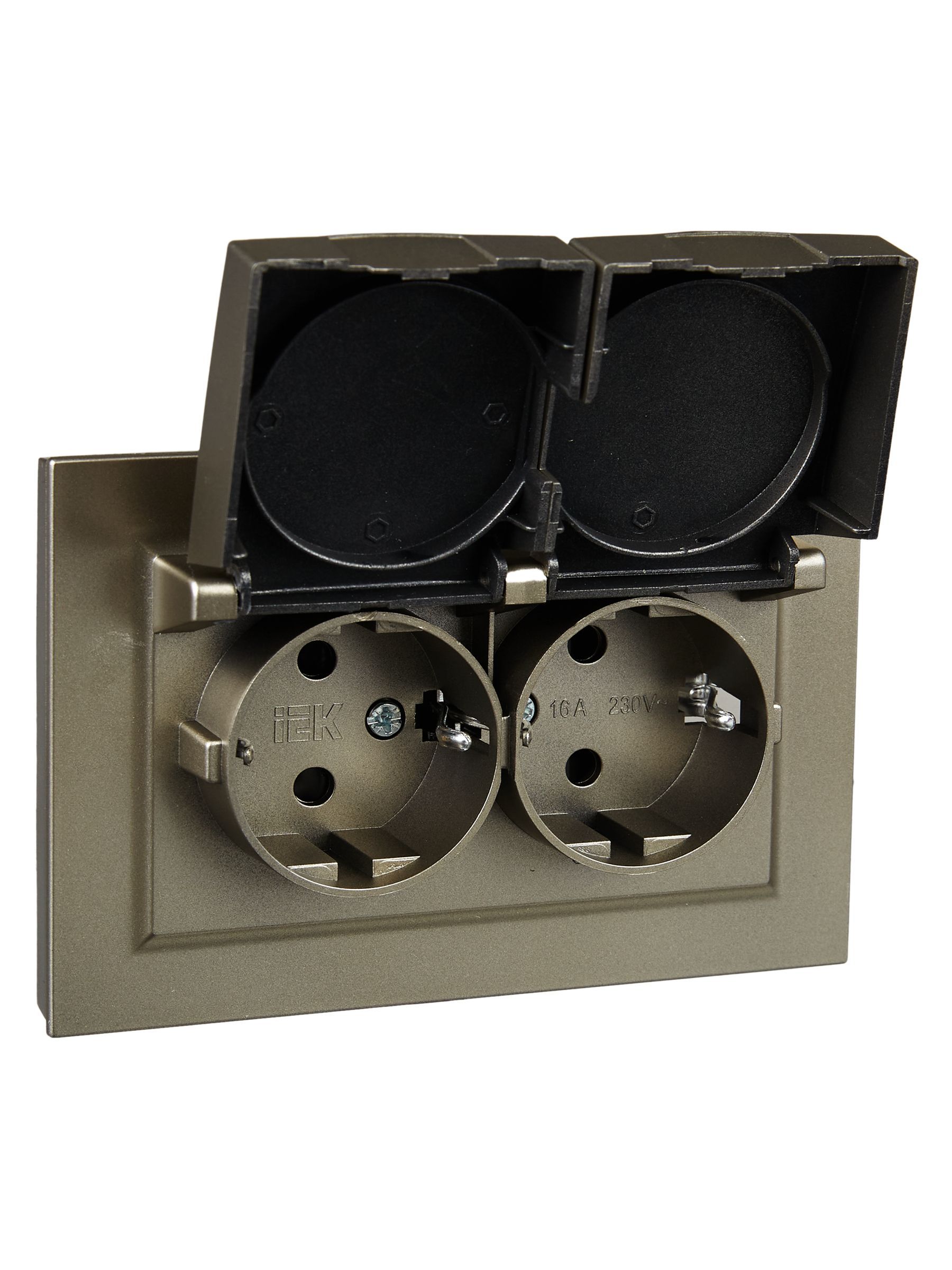 BRITE Розетка 2-местная с заземлением с защитными шторками и крышкой 16А в сборе IP44 РСбш12-3-44-БрШ шампань IEK - Фото 7