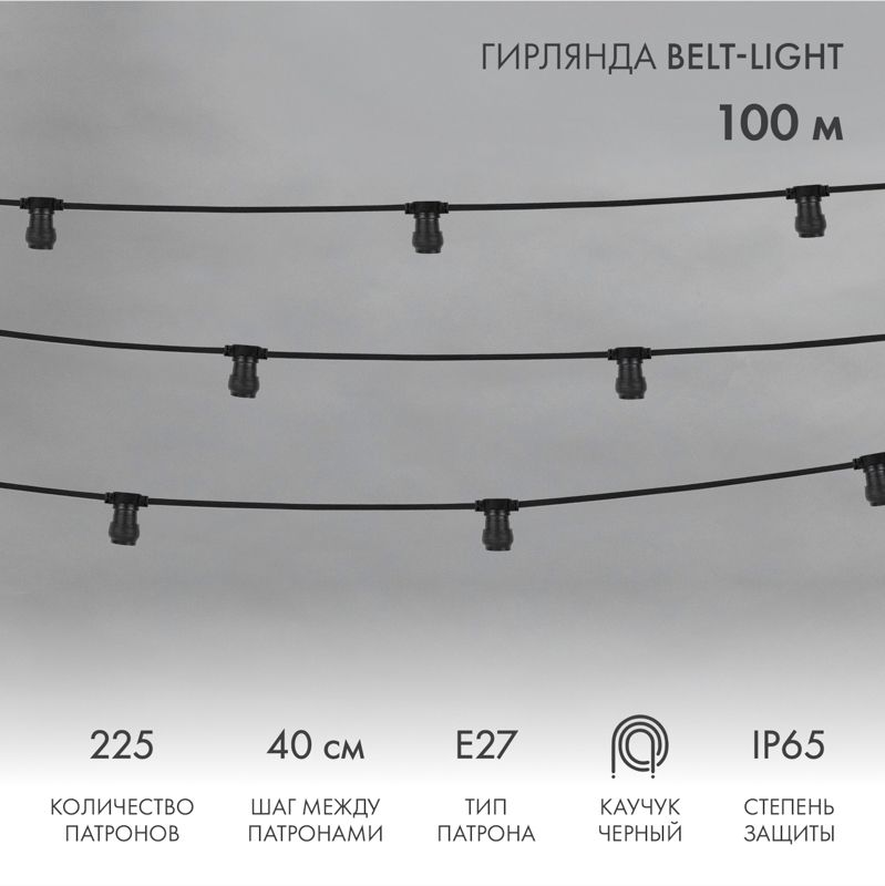 Гирлянда Belt-Light 2 жилы, 100м, шаг 40см, 225 патронов E27, IP65, черный провод NEON-NIGHT 331-212