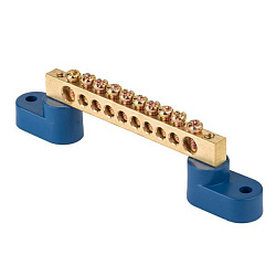 Шина "0" N (6x9мм) 10 отв. латунь 2 синих угловых изолятора EKF sn0-2-63-10