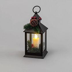 Декоративный фонарь со свечкой и шишкой, черный корпус, размер 10,7x10,7x23,5 см, цвет теплый белый 513-047