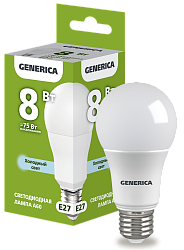 Лампа светодиодная A60 груша 8Вт 230В 6500К E27 GENERICA LL-A60-08-230-65-E27-G