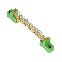 Шина "0" PE 6x9мм 10 отверстий латунь с контактной пластиной 2 зелёных угловых изолятора sn0-63-10-2-pe