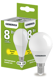 Лампа светодиодная G45 шар 8Вт 230В 3000К E14 GENERICA LL-G45-08-230-30-E14-G