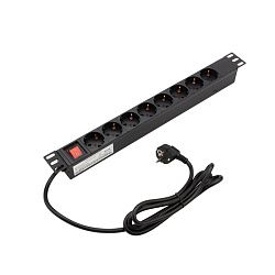Блок розеток 19", 1U, 10А, 8 розеток, корпус алюминий, со шнуром питания 04-0309