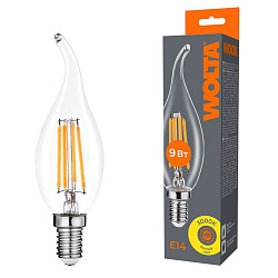 Светодиодная лампа WOLTA Filament, AC 210-240В, 50/60 Гц, прозрачное стекло, "Свеча на ветру", CT35, E14, 9 Вт, 810 лм, 3000 К, 1/10/100 WF-CT35-9W3KE14