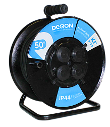 Удлинитель УКП-44 силовой на катушке 4 гн. ПВС 3х2,5 IP44 с/з 50м с автоматом защиты (катушка пластик) 16А 3500Вт DEK0961-0010