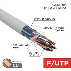 Кабель витая пара F/UTP, CAT 5е, ZH нг(А)-HF (LSZH), 25PR, 24AWG, INDOOR, SOLID, серый, 305м, РФ REX 01-1206-R