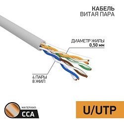 Кабель витая пара омедненный, U/UTP, CCA, CAT 5e, PVC, 4PR, 24AWG, INDOOR, SOLID, серый, 100м PROconnect 01-0043-3-100