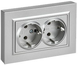 BRITE Розетка 2-местная с заземлением без защитных шторок плоская 16А в сборе РСПл12-3-БрА алюминий IEK BR-R27-16-K47-F