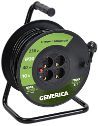 Катушка УК40 с термозащитой 4 места 2P+PE/40м 3х1,0мм2 GENERICA WKP10-10-04-40-G